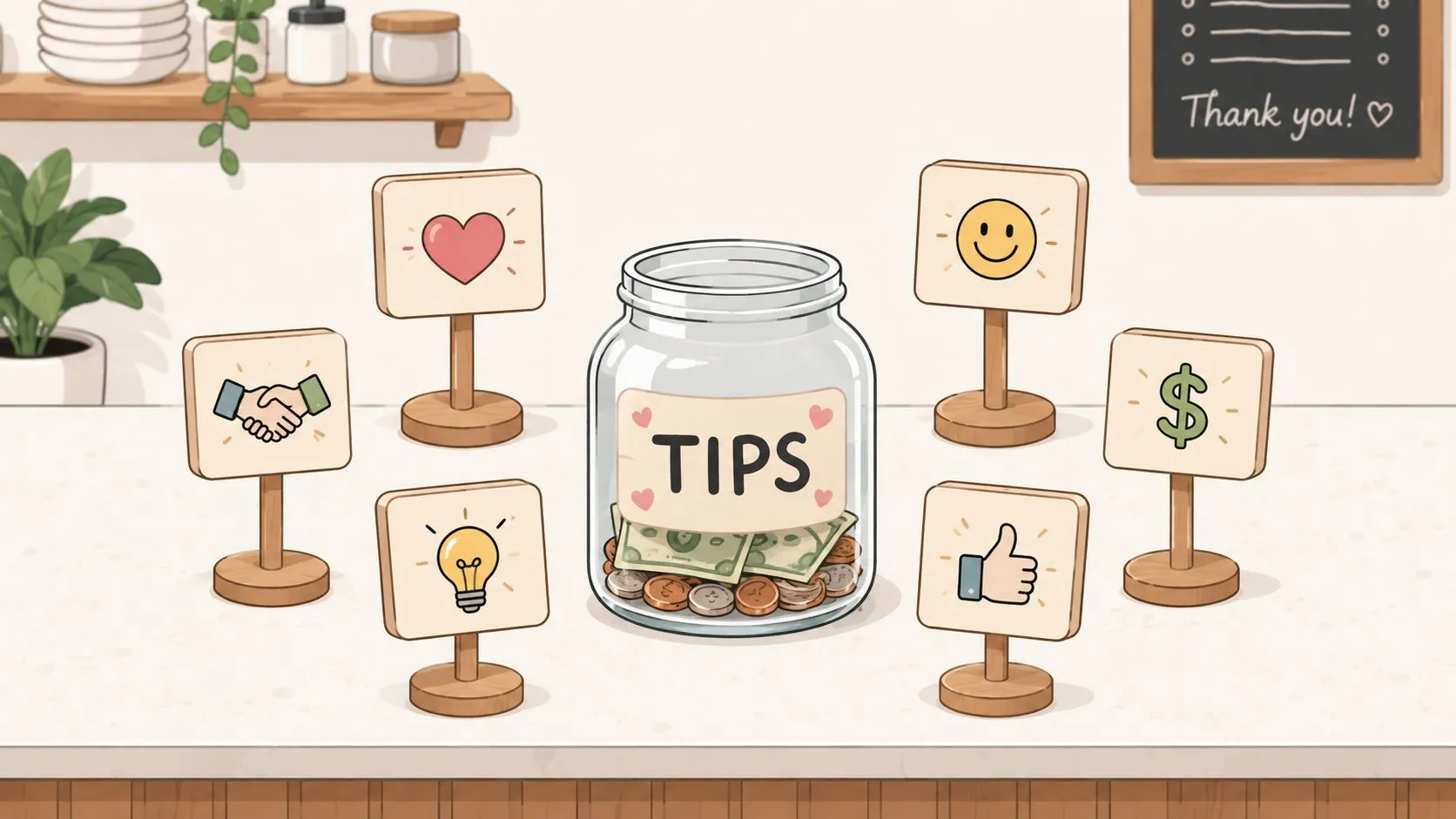 Colorful graphic featuring six quotes about tipping, designed for restaurant signage and social media posts.