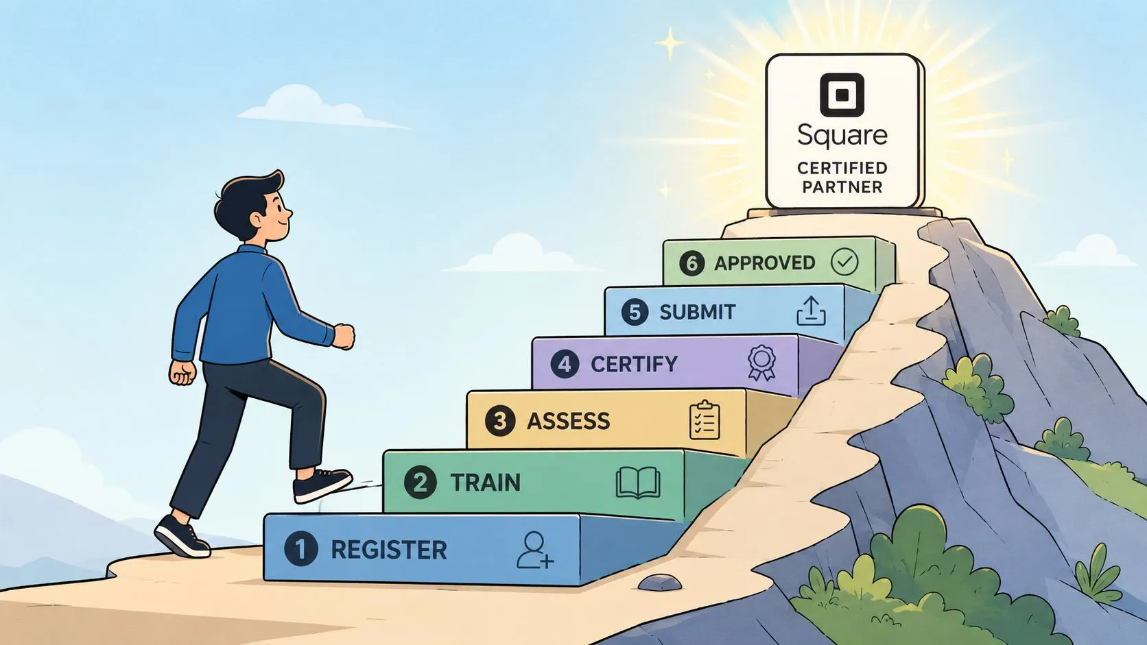 A cartoon illustration showing a person climbing steps to reach the Square Certified Partner milestone.