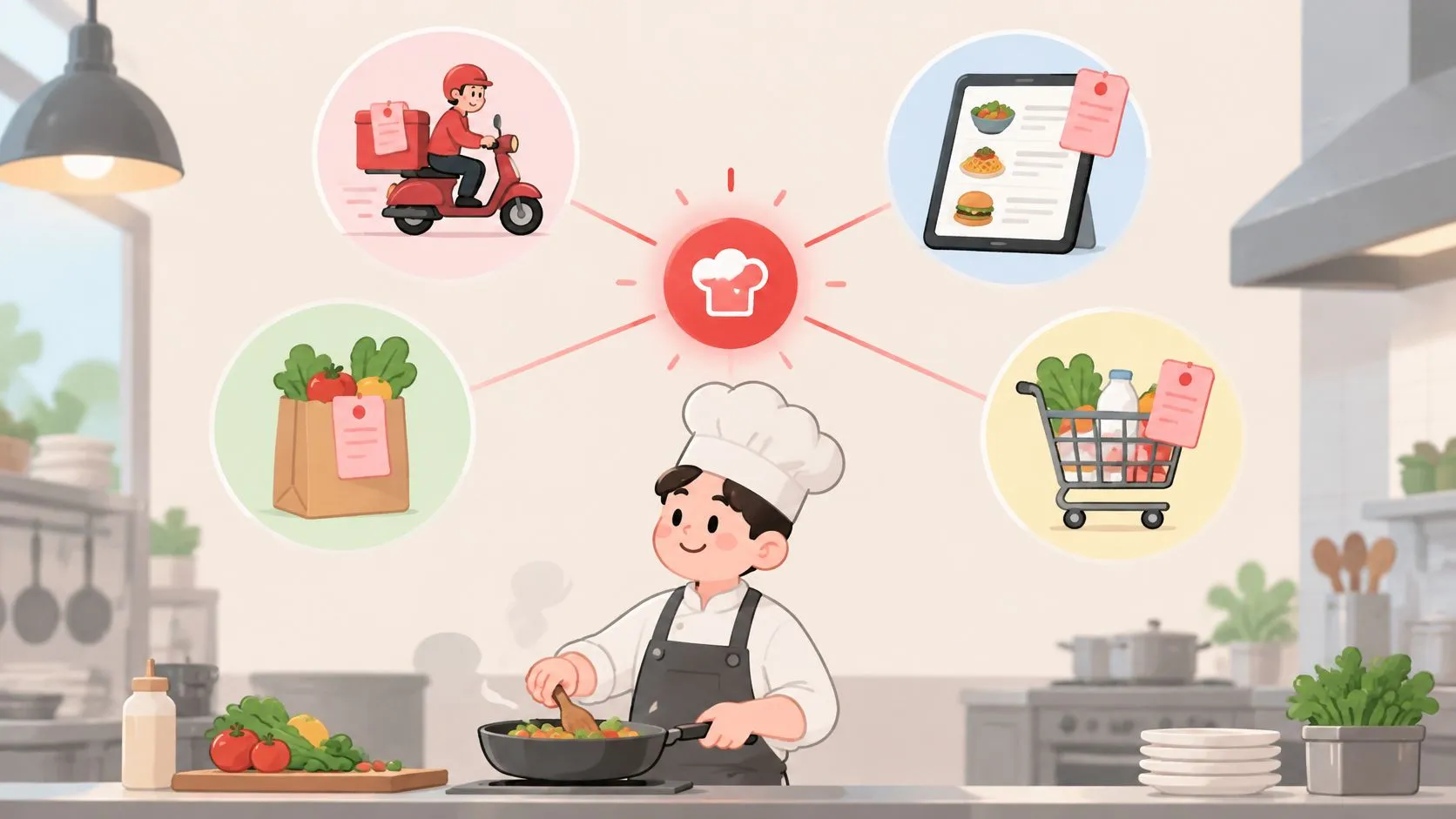 A chef cooking in a kitchen connected to delivery, ordering, and grocery supply chain management systems.