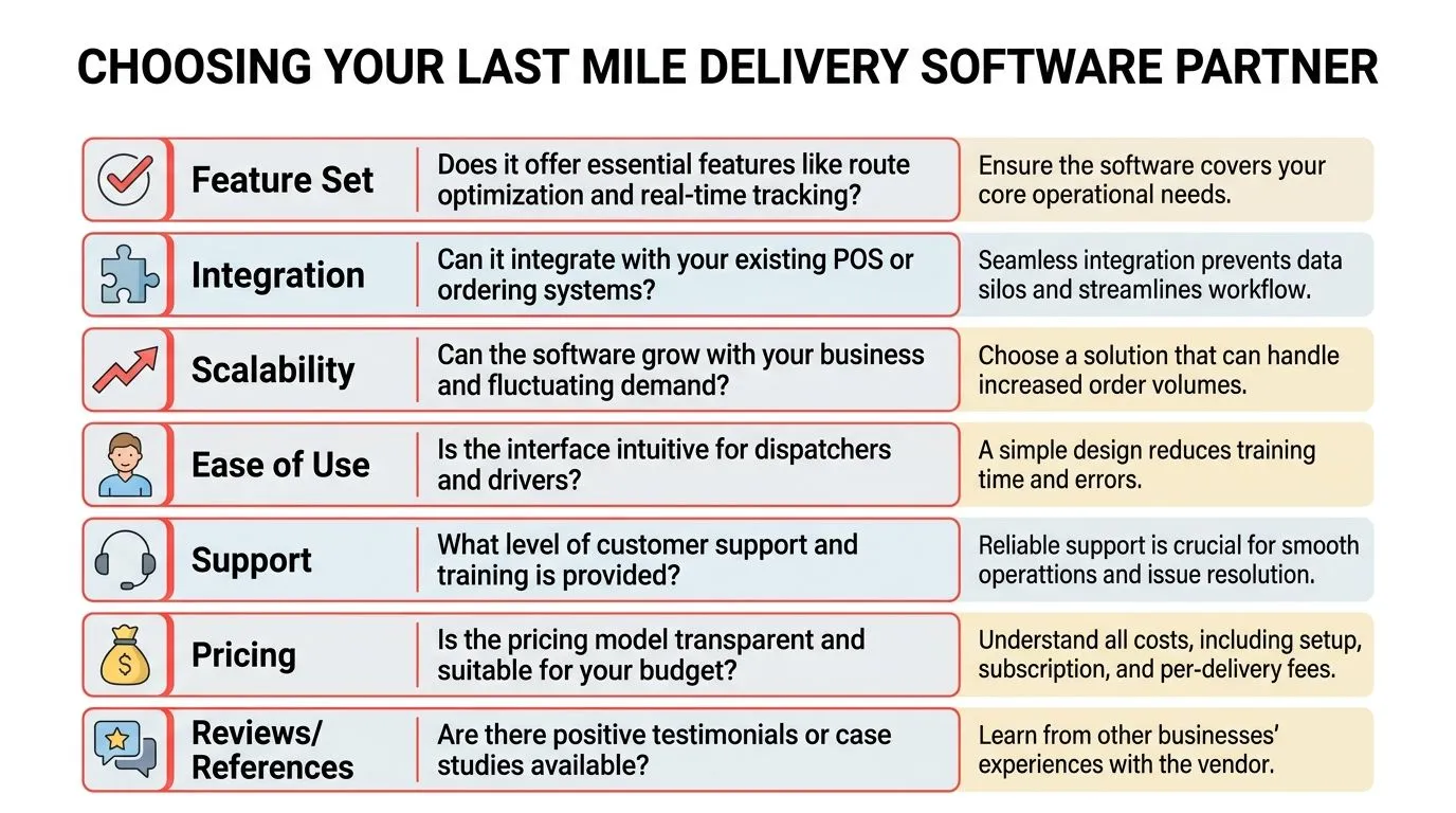 A checklist infographic detailing seven key factors to consider when choosing last mile delivery management software solutions.
