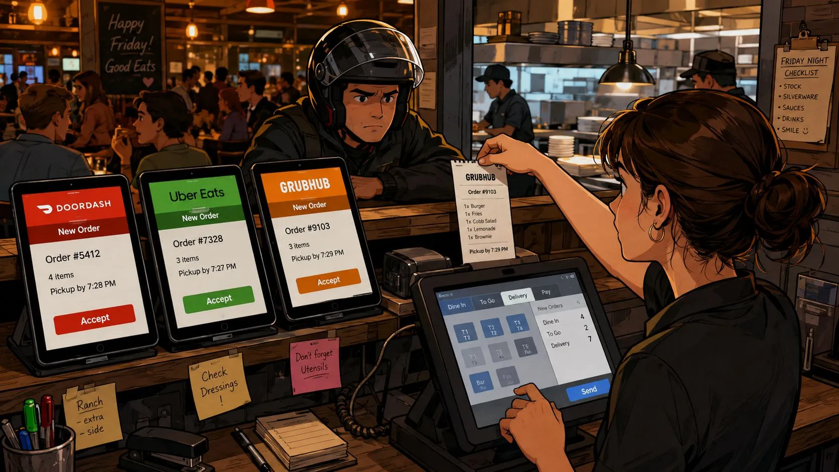 A waitress handling a Grubhub order ticket at a restaurant counter with delivery tablets displayed for staff.