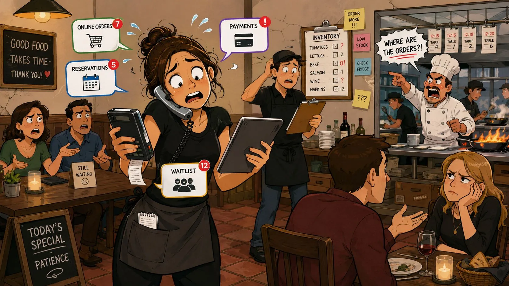 A stressed restaurant server manages phone calls, digital orders, and an impatient kitchen staff during a rush.
