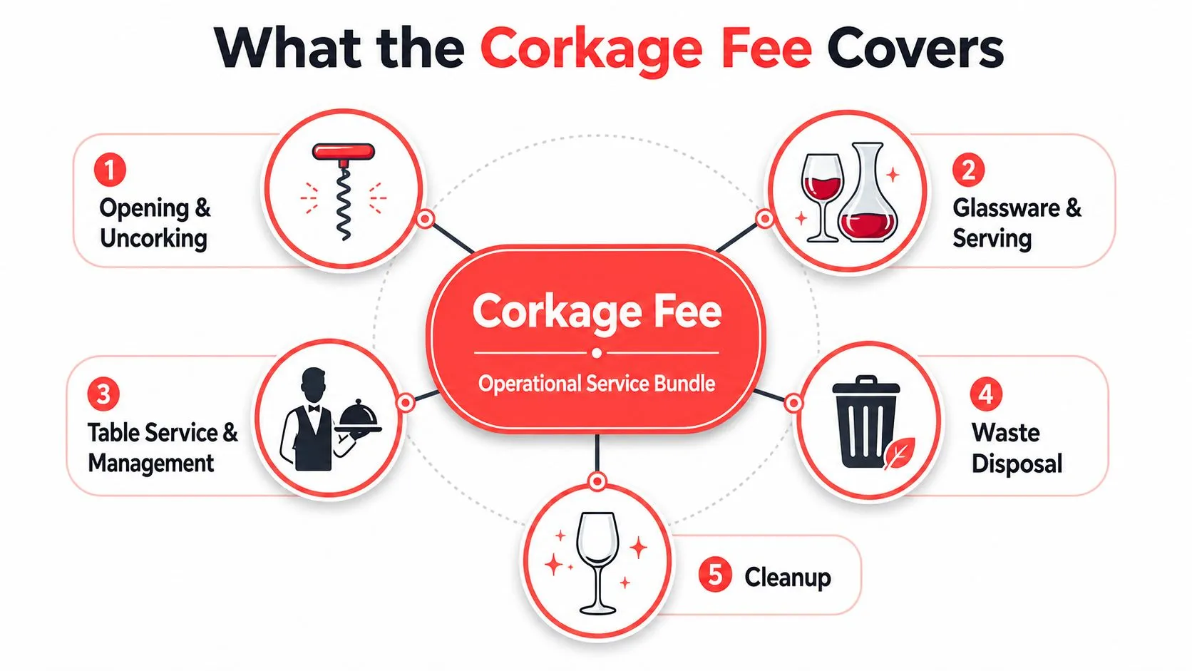 An infographic titled What the Corkage Fee Covers detailing five operational services included in the fee.