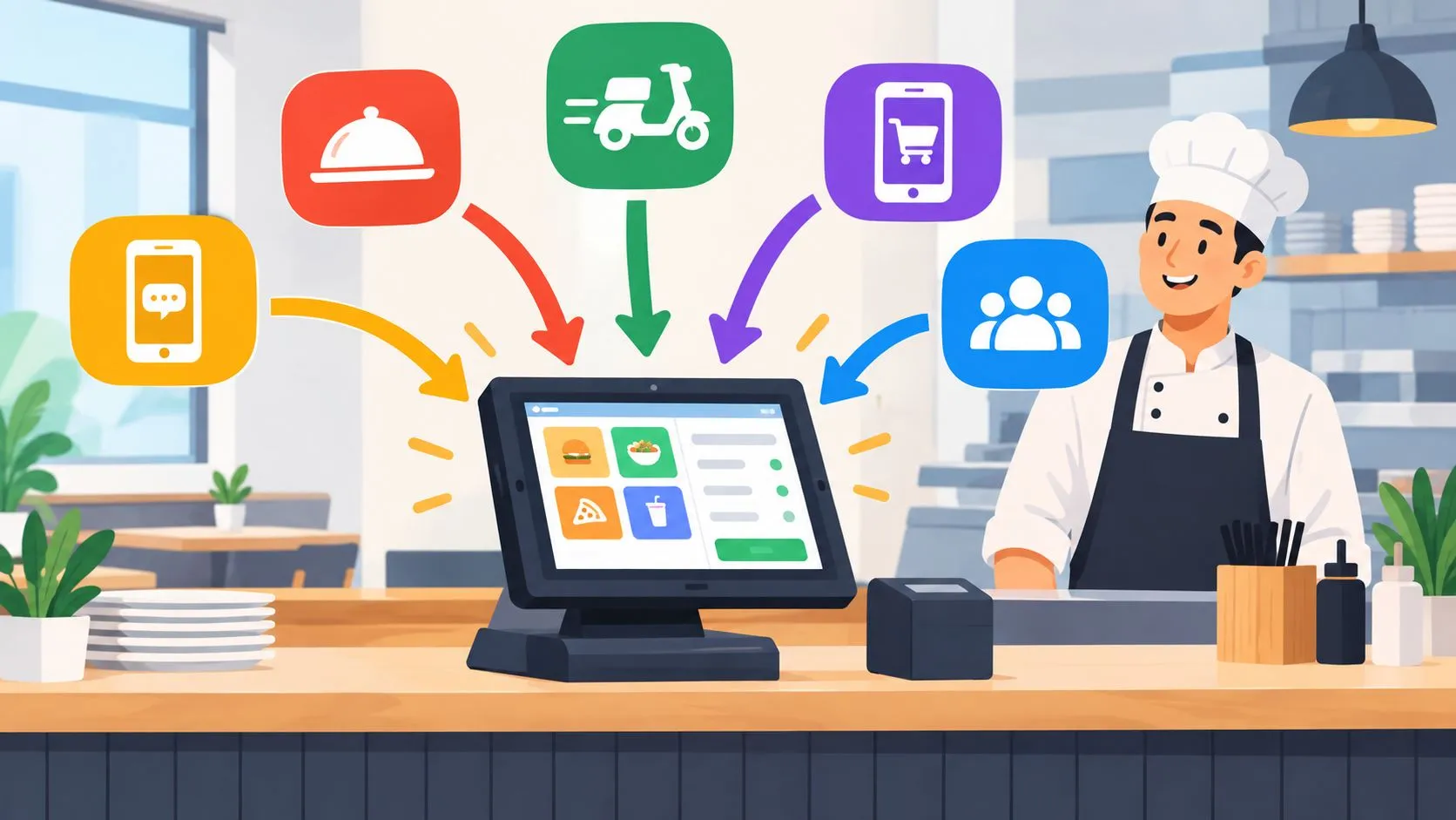 Diagram showing order management integration connecting delivery services to a restaurant POS system.