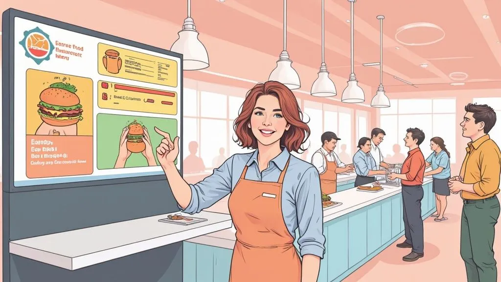 Self-ordering kiosk with price tag and ROI metrics for restaurants, highlighting costs and benefits.