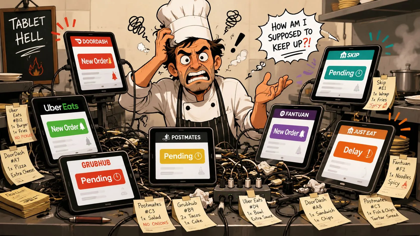 Stressed chef overwhelmed by multiple food delivery service tablets and order slips in a busy kitchen.