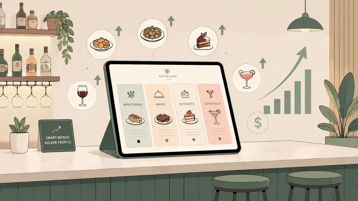 Bar bistro menu concept analysis with happy guests dining inside a charming bar and bistro.