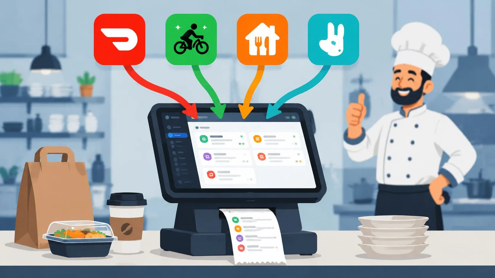 Illustration showing seamless integration of Uber Eats and DoorDash with Clover/Square POS for order automation.