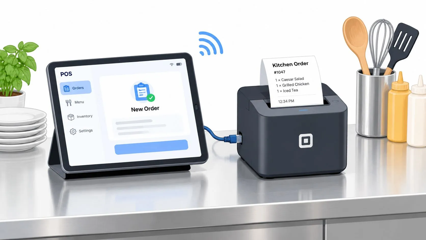 Diagram illustrating Square kitchen printer setup, including hardware, connectivity, and troubleshooting tips.