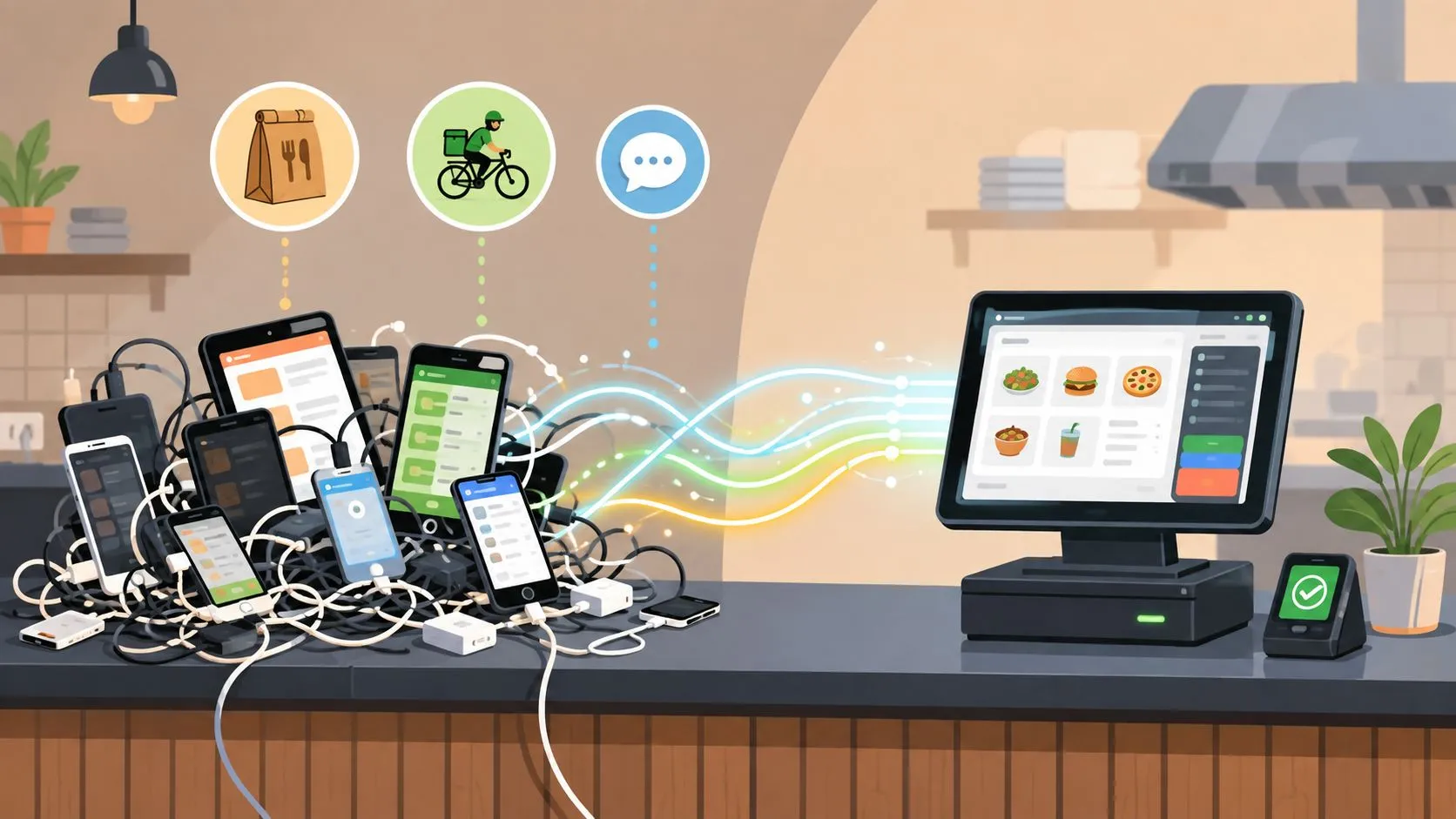 Diagram showing API integration connecting delivery apps to a restaurant POS system, highlighting OrderOut and Clover.