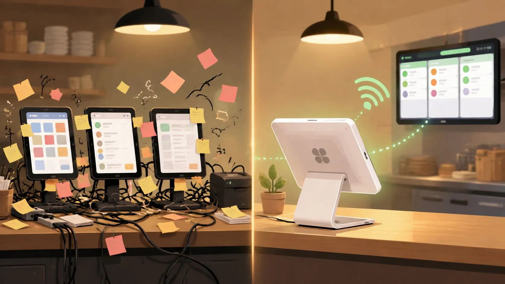 A split image contrasting messy, cable-filled restaurant order tablets with an organized, wireless Clover POS system display.