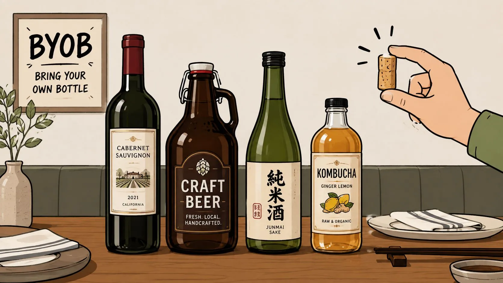 An illustration showing various beverage bottles and a hand holding a cork, representing corkage policies.