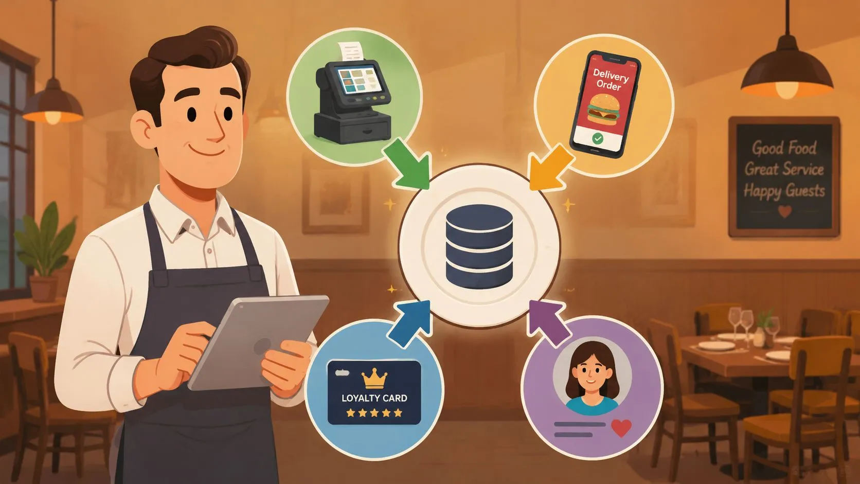 Illustration of a restaurant manager analyzing customer data on a tablet, with charts and graphs in the background.