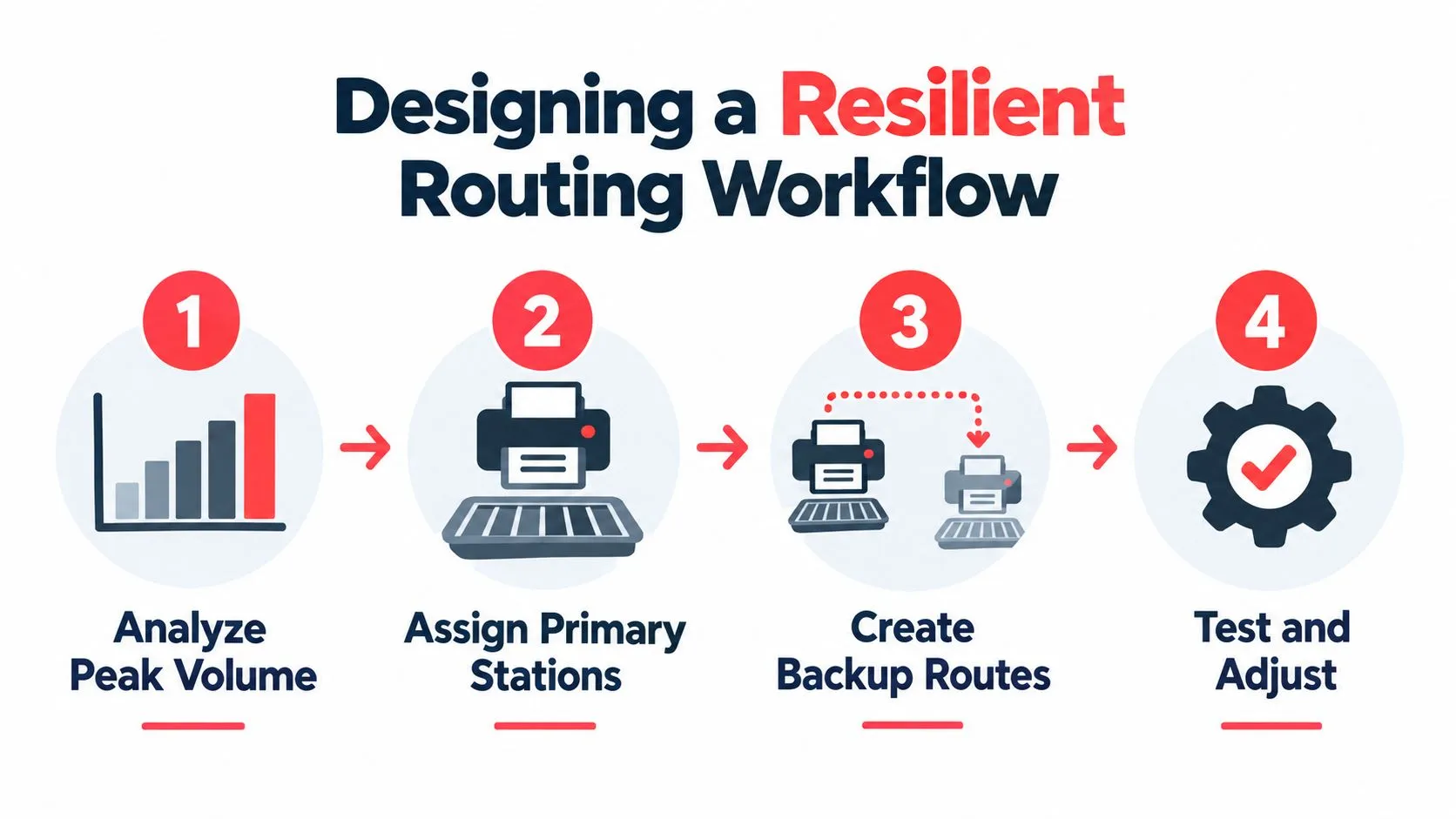 A four-step infographic illustrating a resilient routing workflow for a square kitchen printer system.