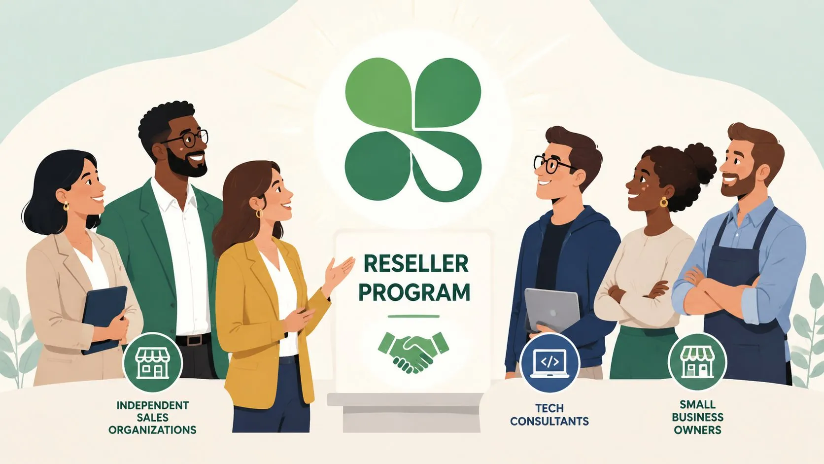 A professional group discussing a clover reseller program with icons representing sales, technology, and business owners.