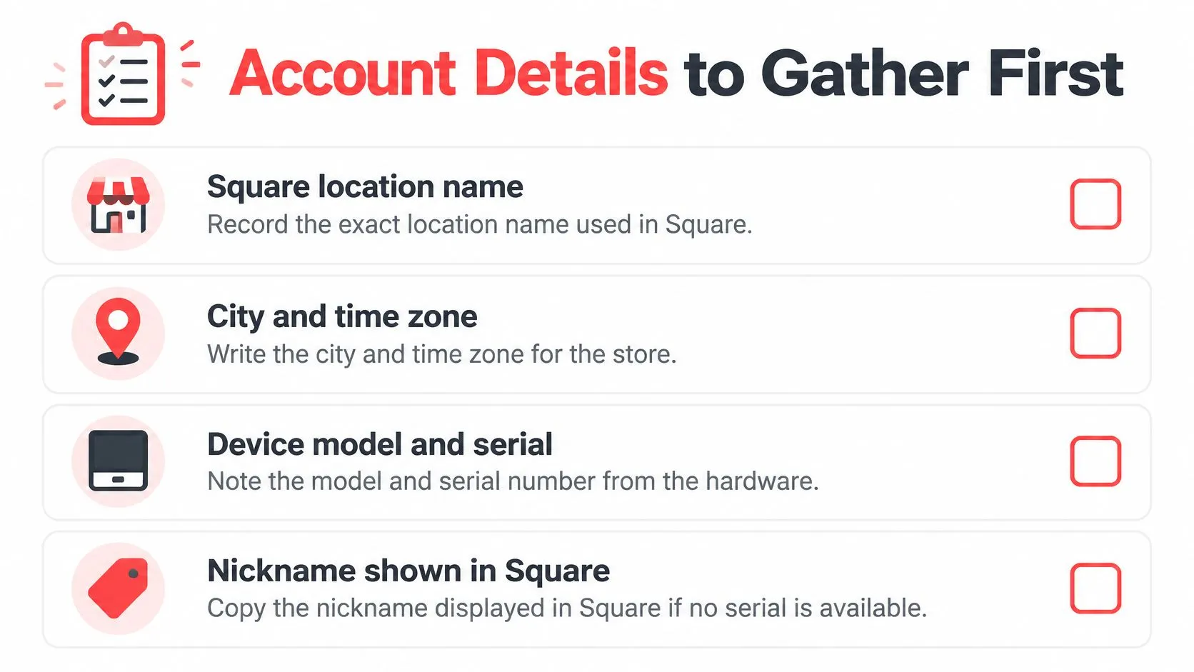 A checklist titled Account Details to Gather First, listing information required for Square POS account setup.
