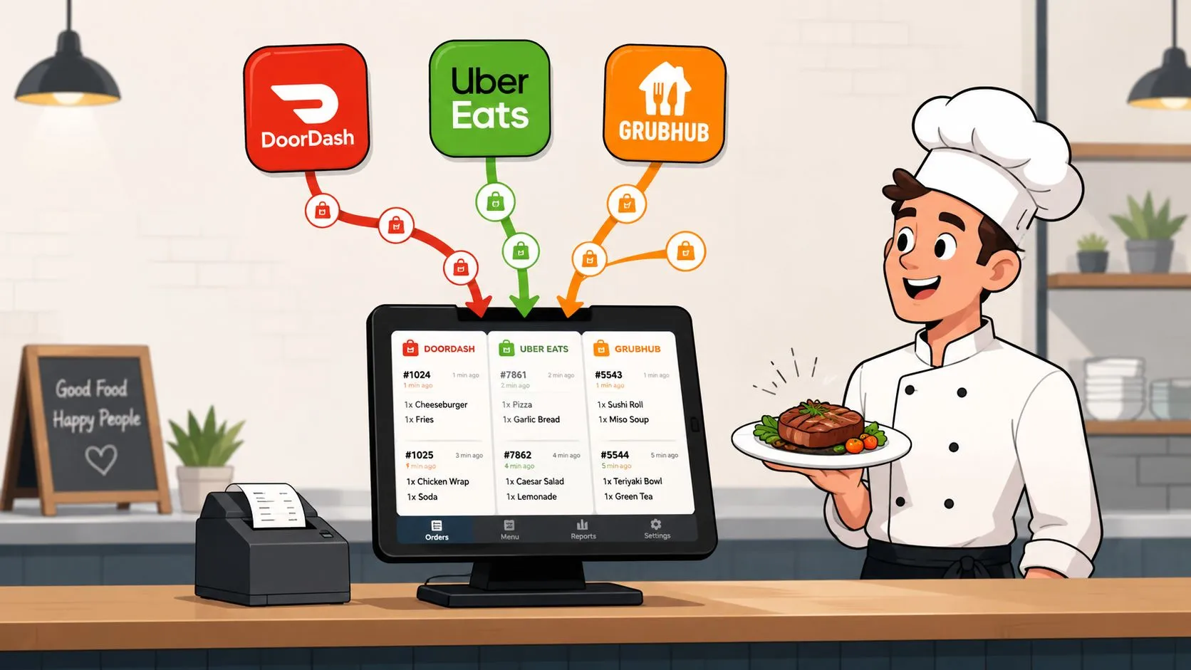 Illustration showing a restaurant staff managing delivery orders with integrated POS systems and various delivery apps.