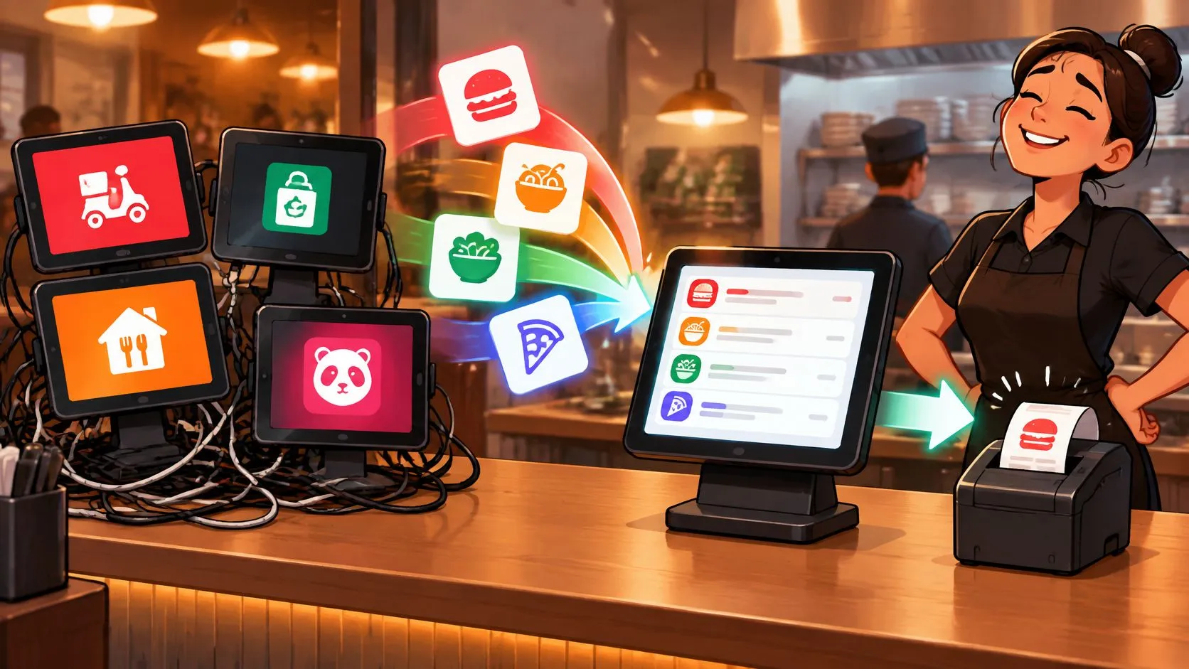 Illustration showing a cluttered stack of delivery tablets beside a Clover POS system.