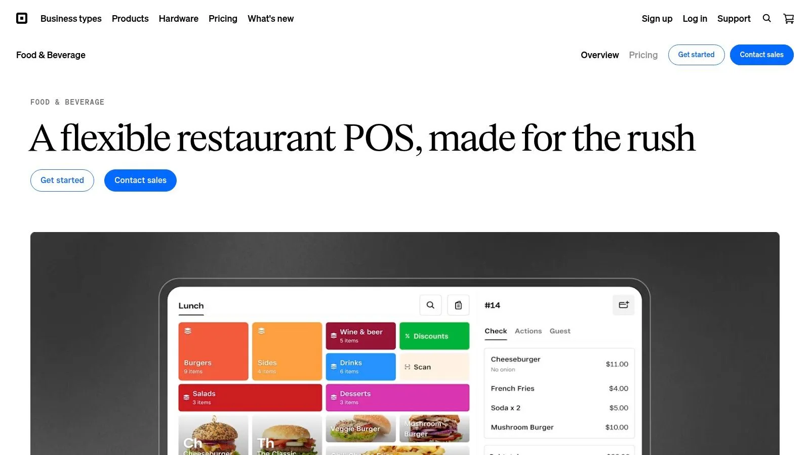 Square for Restaurants POS interface on a tablet terminal