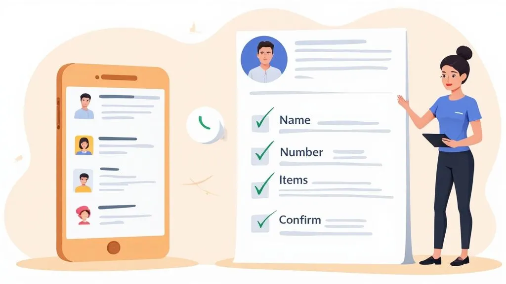 A woman presents a checklist with user profiles and checked items next to a smartphone with a contact list.