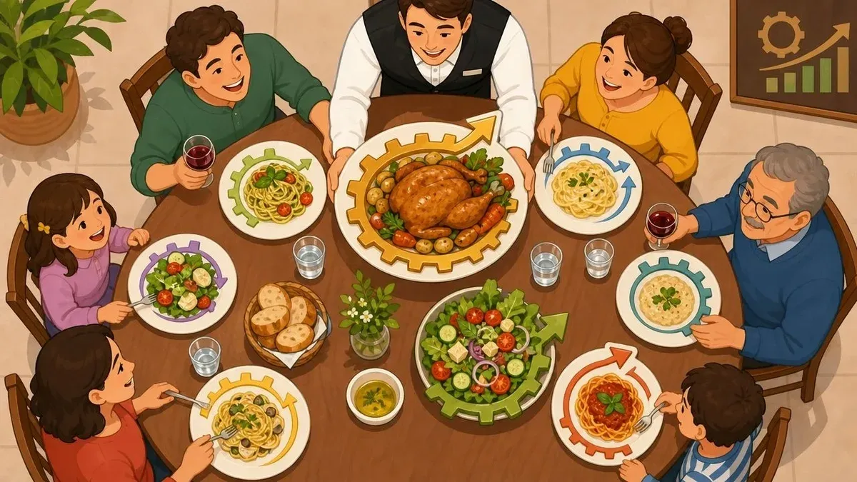 Family style menu shared platters improving restaurant profit and kitchen efficiency.