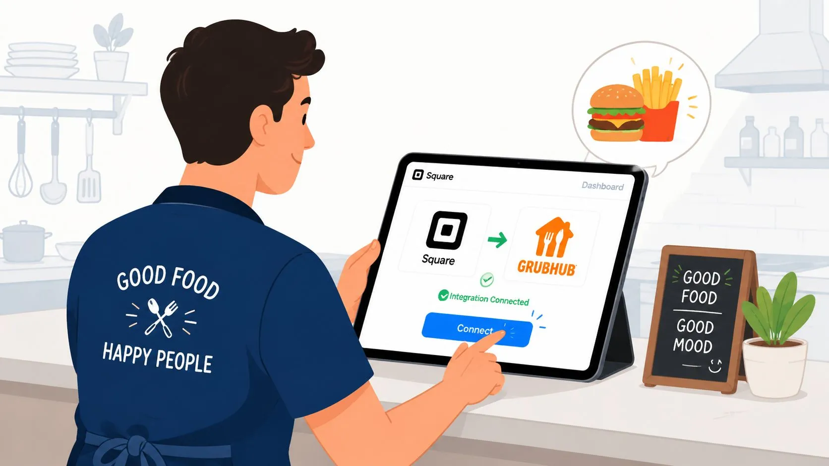 A restaurant worker connecting Square point-of-sale software with the Grubhub delivery platform on a tablet screen.