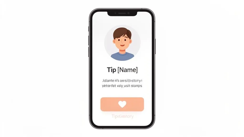 A smartphone displaying a profile screen with a cartoon boy's avatar, 'Tip Name', text, and a heart button.
