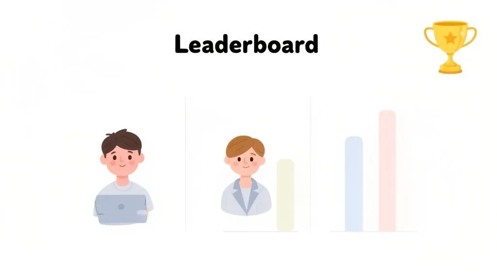 A graphic illustrating a leaderboard with two male cartoon characters, a bar chart, and a trophy.