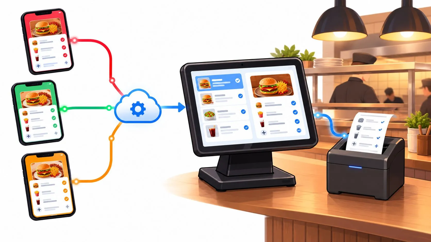 Diagram showing iPaaS integration of Uber Eats, DoorDash, Grubhub with Clover and Square POS systems.