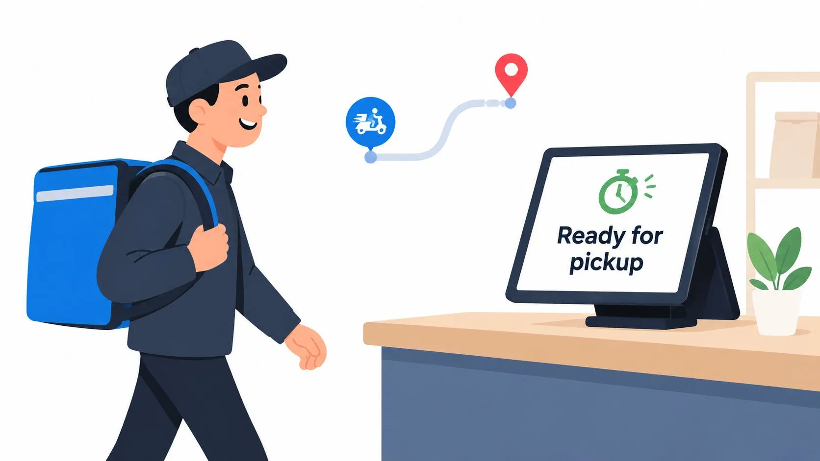 A delivery person carrying a large backpack approaches a point of sale terminal displaying order status.