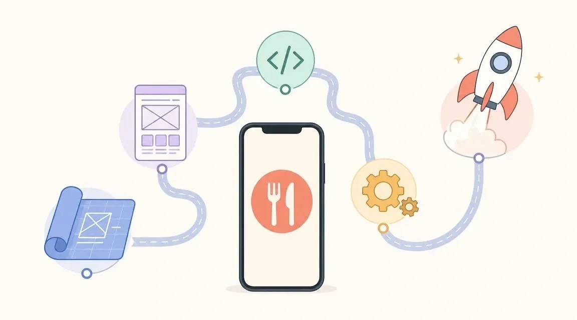 Food delivery application development roadmap showing key features and workflow integration.
