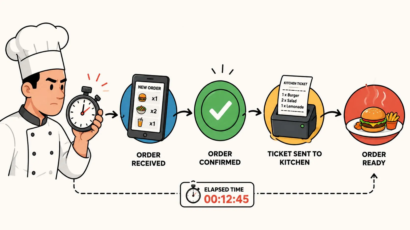 Illustration showing a restaurant staff member managing orders efficiently at a POS system.