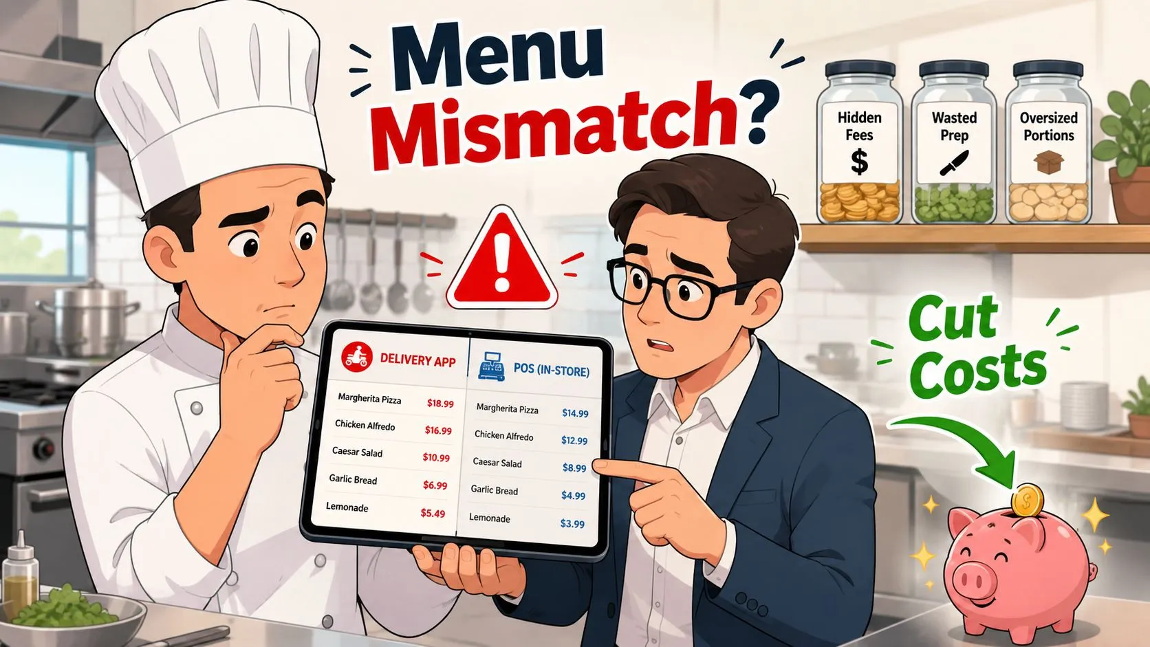 A chef and a manager discussing price discrepancies between delivery apps and in-store POS systems.