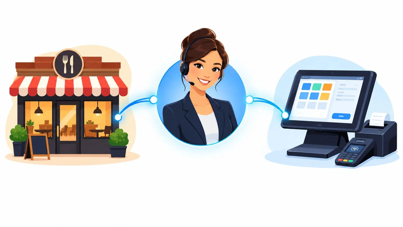Illustration depicting ISO merchant services for restaurants and POS partners, highlighting pricing and onboarding.