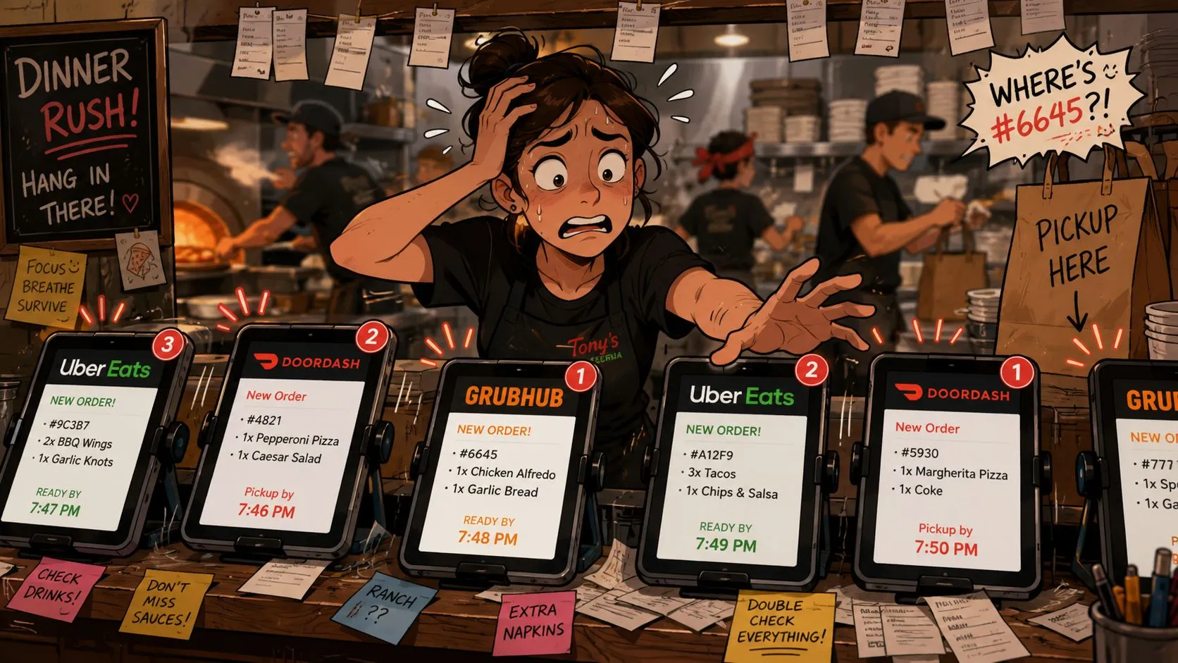 A stressed restaurant worker overwhelmed by multiple digital delivery app orders during a busy dinner rush.