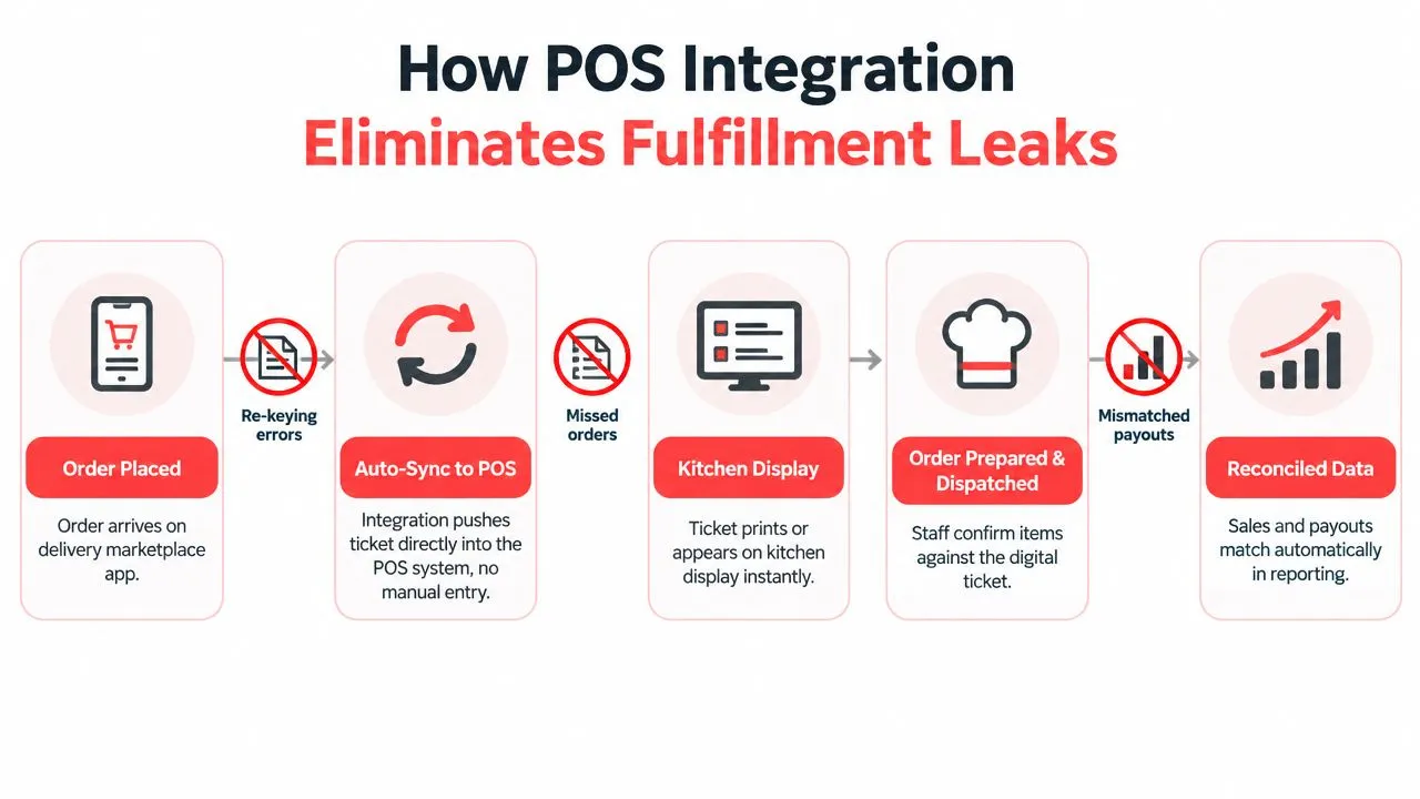 A flow chart illustrating how POS integration automates order fulfillment and eliminates common business errors.
