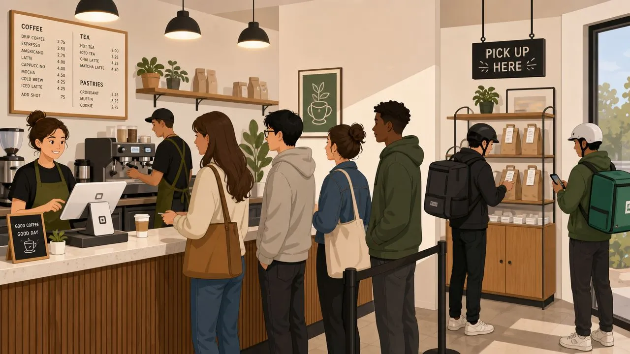 A friendly barista taking orders from customers waiting in line at a modern, cozy coffee shop café.
