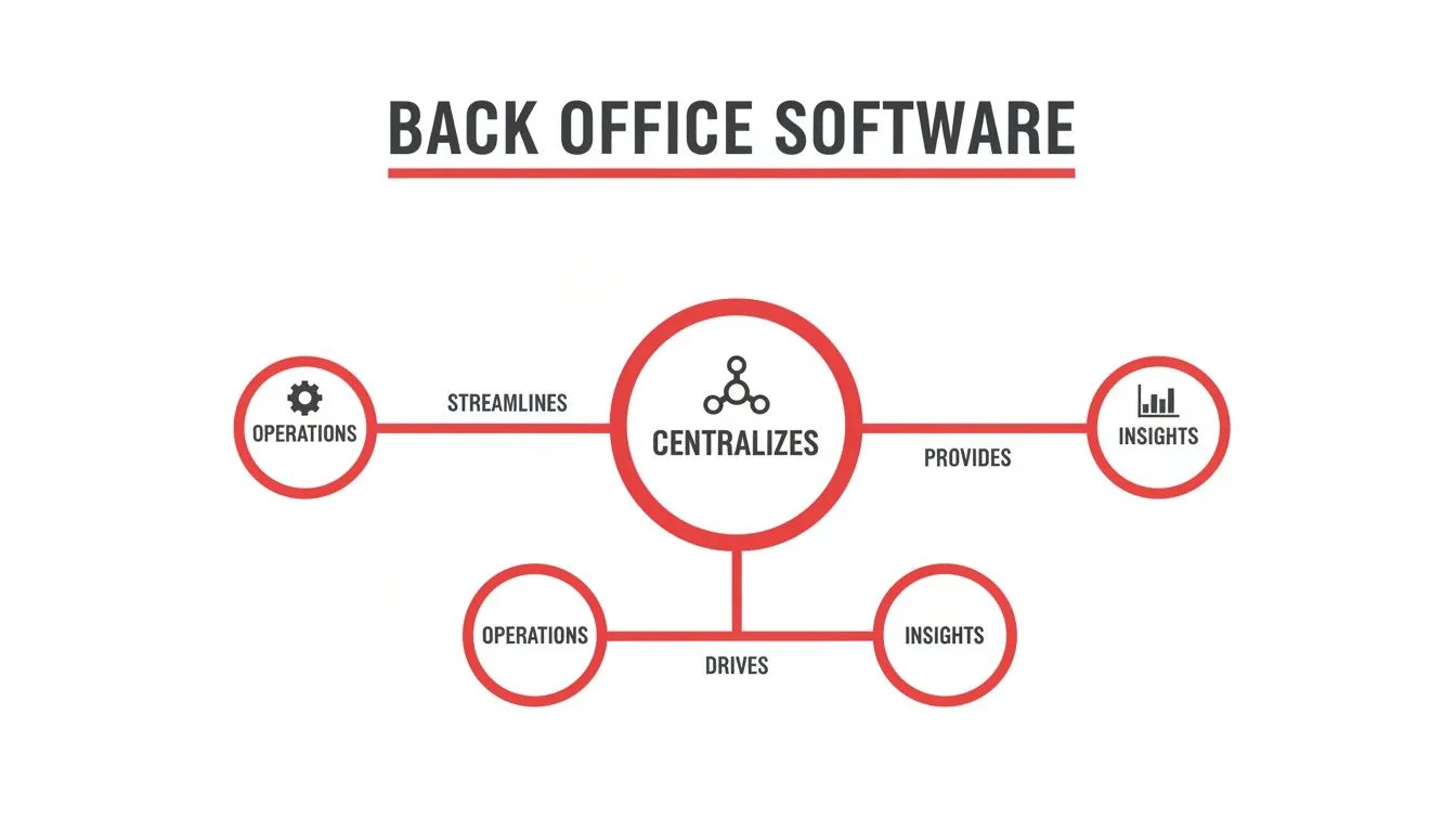 Diagram showing how back office software centralizes, streamlines operations, provides insights, and drives both.