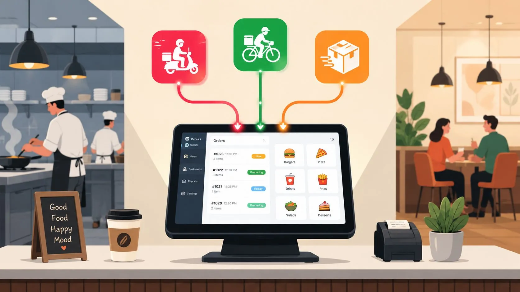 Diagram showing integration of delivery apps with POS systems for streamlined order management.