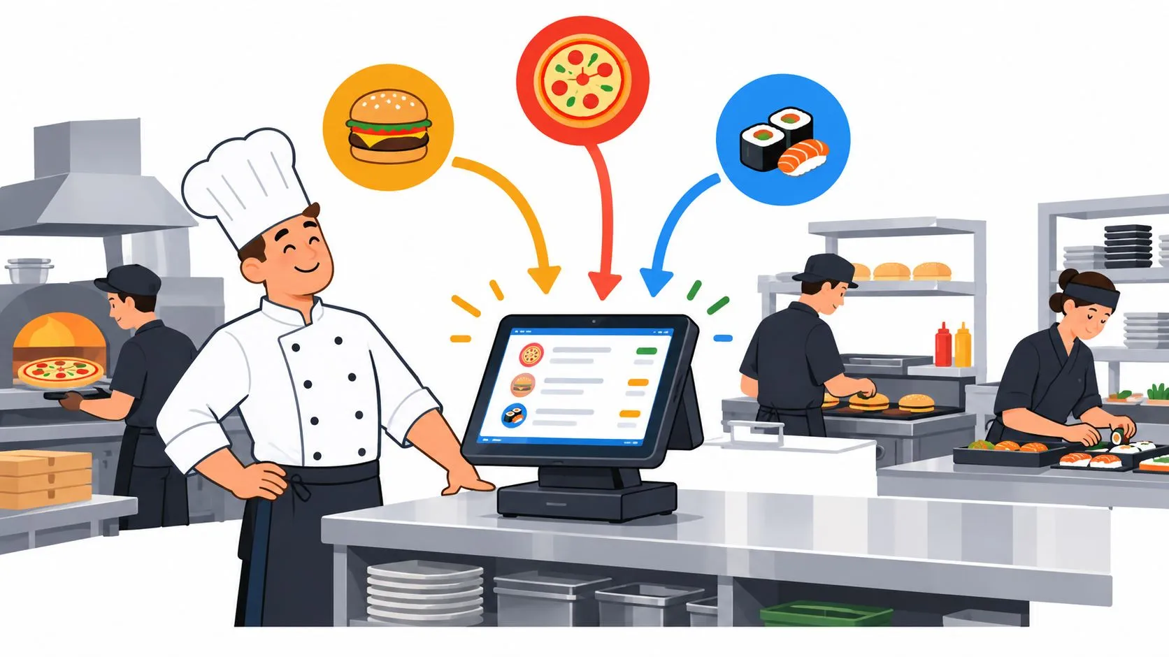 Diagram showing streamlined delivery order routing for a high volume restaurant integrating Uber Eats and DoorDash with