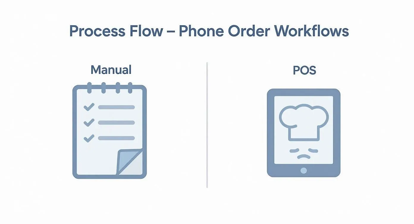 Diagram comparing manual phone order workflows using a checklist versus a challenging POS system.