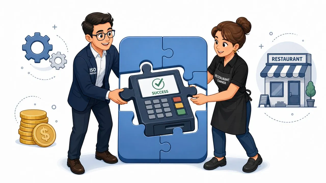 Illustration depicting key points of the Square ISO program for POS partners in the restaurant industry.