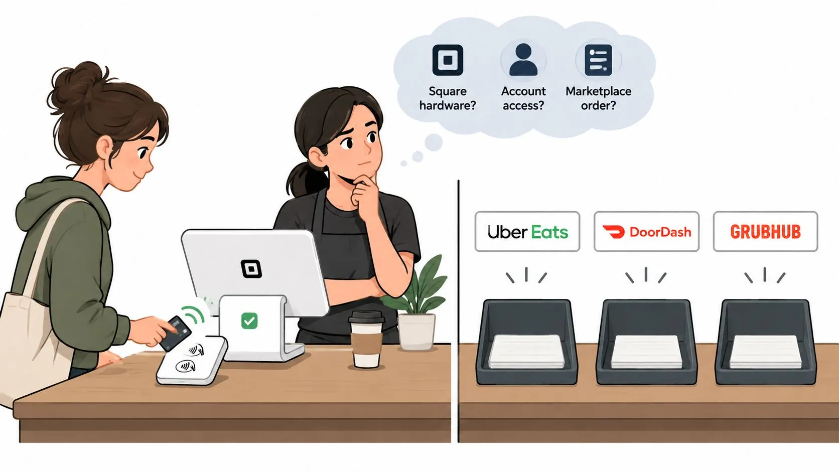 A cafe worker thinks about support topics while a customer makes a contactless payment at a terminal.