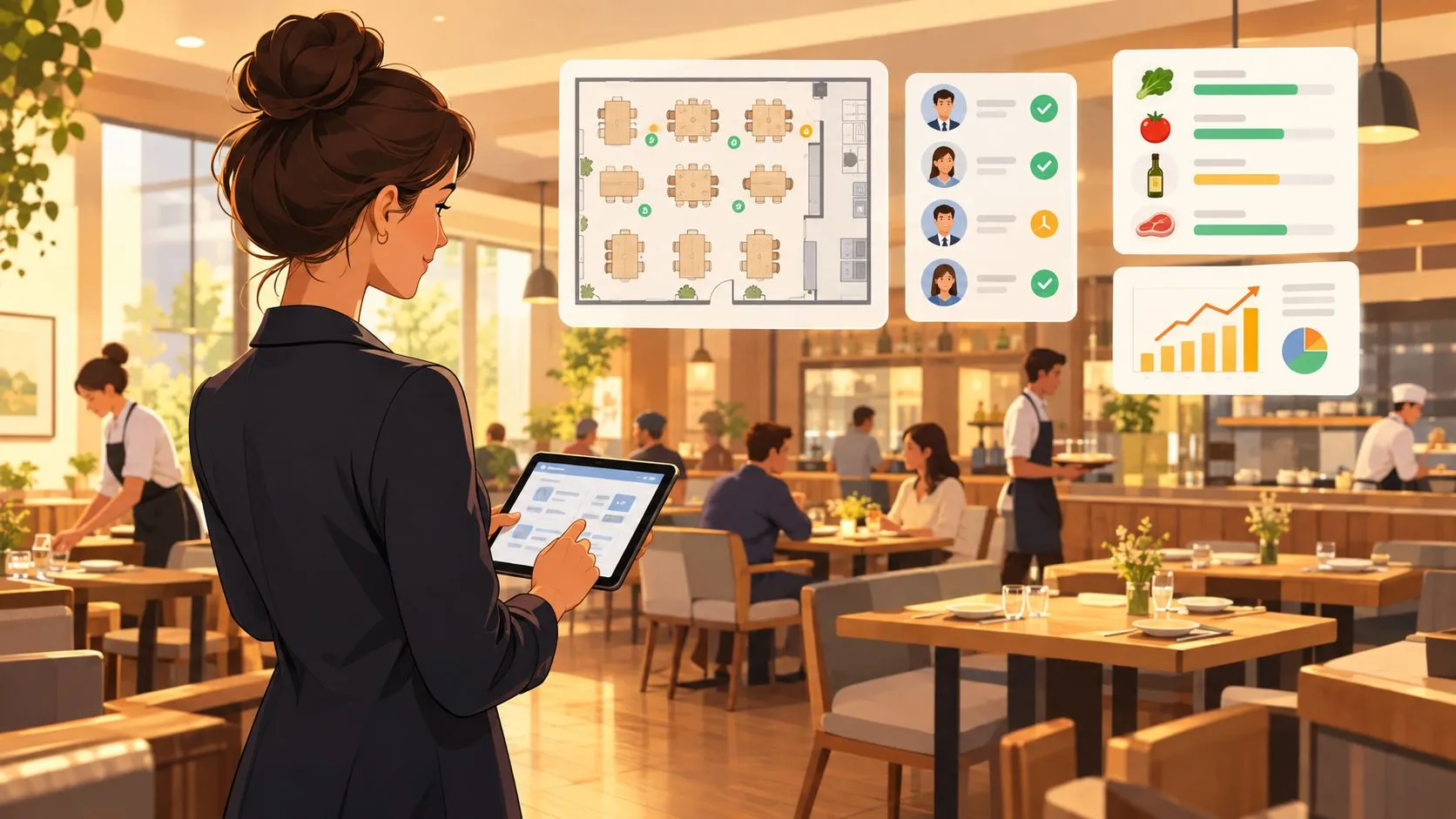 A restaurant manager using a digital tablet to monitor real-time floor plans, staff, and inventory metrics.