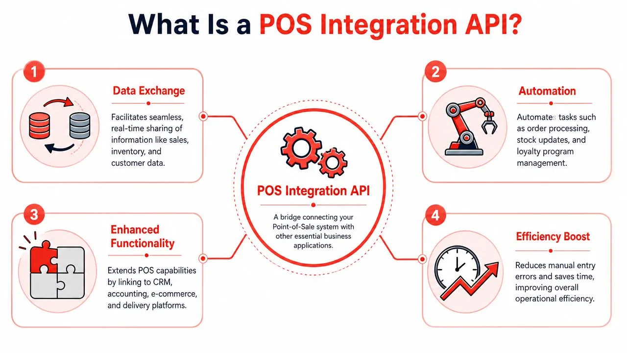 A diagram explaining POS integration API as a bridge connecting Point-of-Sale systems with other business applications.