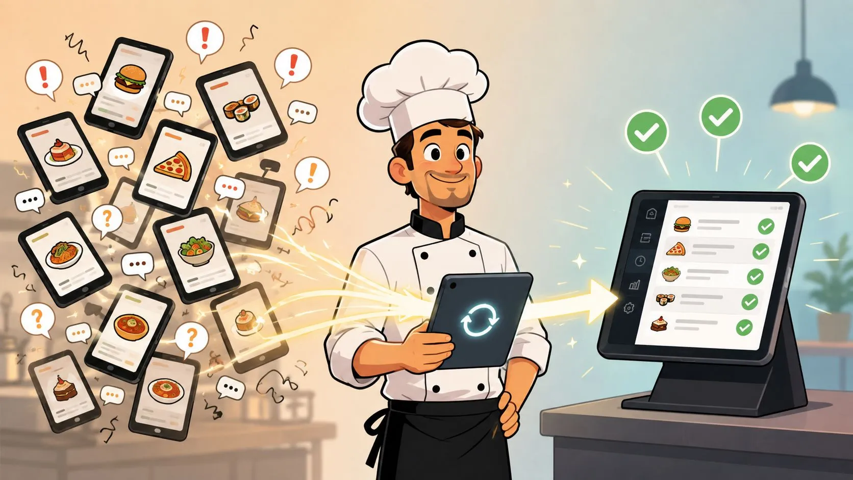 Illustration depicting common order management challenges in restaurants with solutions for improved efficiency.