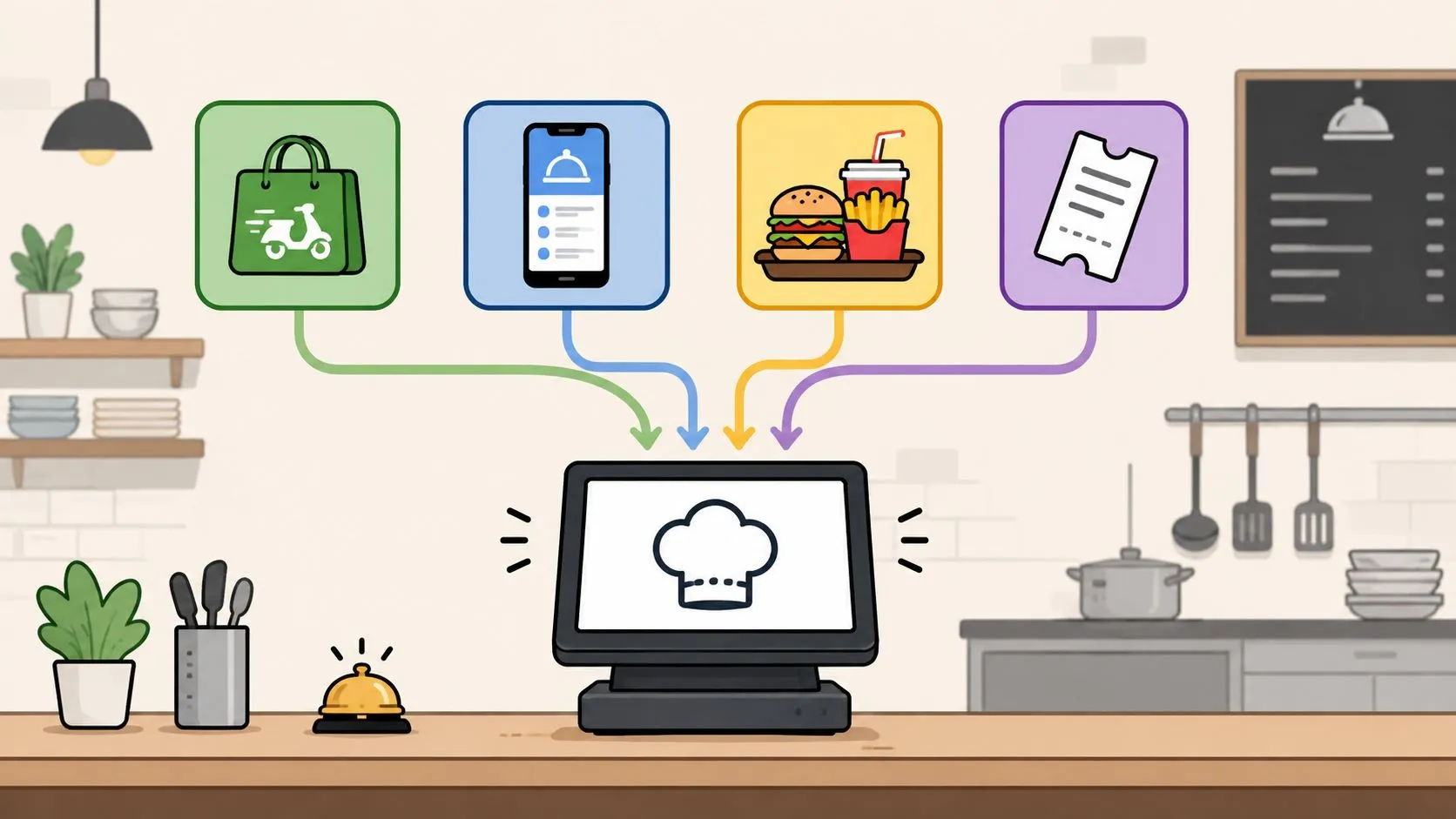 Diagram showing consolidated order workflow integrating Uber Eats, DoorDash, and Grubhub with Clover and Square POS.