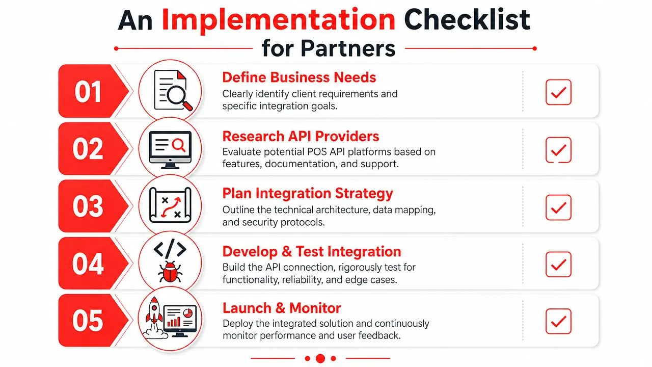 A checklist of five steps for partners to implement a POS API integration project successfully.