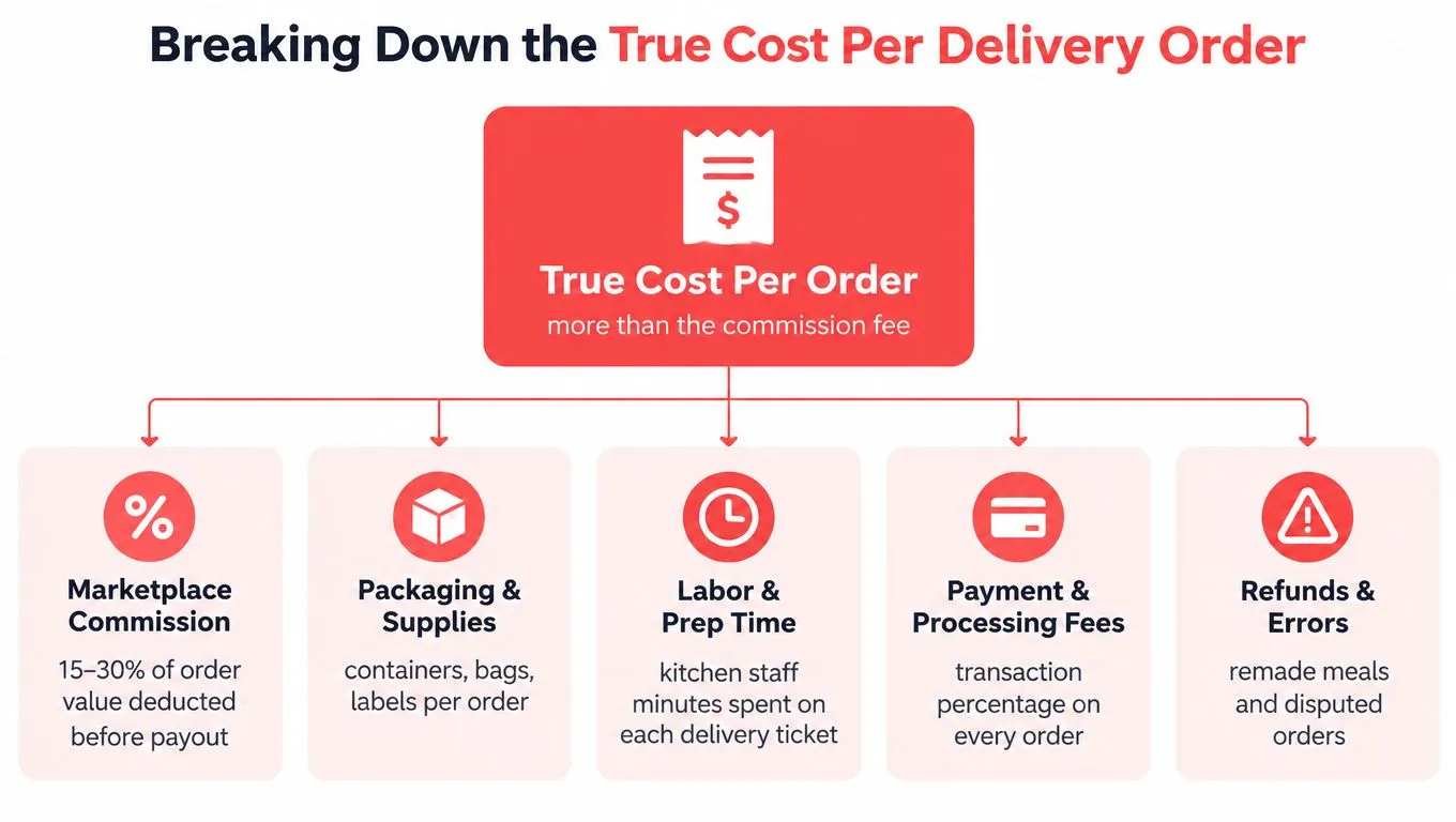A diagram breaking down the true cost of restaurant delivery orders, including commissions, packaging, labor, and processing fees.
