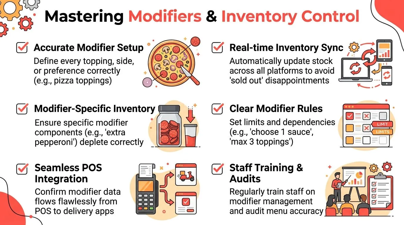 A visual guide outlining six essential steps for mastering modifier management and inventory control in restaurants.